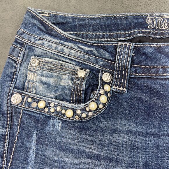 Miss Me Signature Skinny Jeans Womens 30 Blue Distressed Pearl Rhinestone Flap - Picture 3 of 16